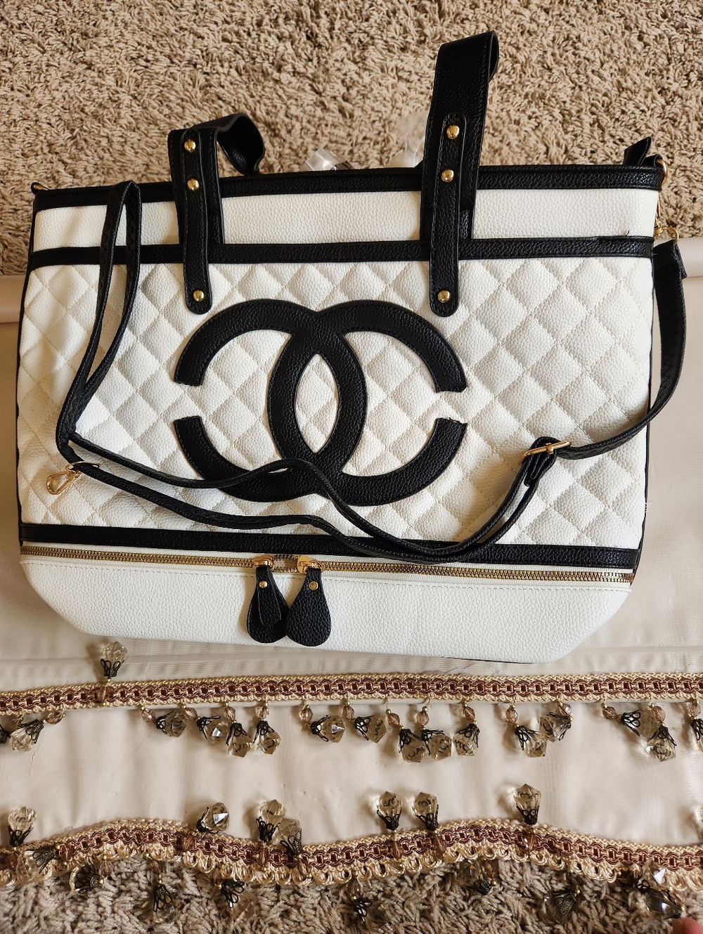 Black & White Quilted Tote Bag with Logo Accent